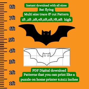 May include: A digital download of a bat silhouette pattern in various sizes, from 1 to 8 feet. The pattern is designed to be printed on a home printer and cut out for crafting projects. The image shows a black bat silhouette and a white bat silhouette with grid lines.
