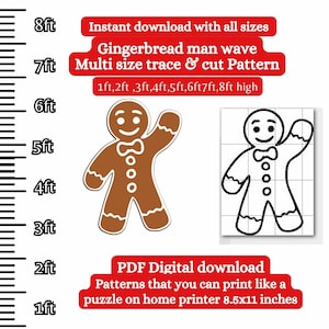 May include: Printable gingerbread man wave pattern in multiple sizes from 1 to 8 feet tall. The pattern is shown in brown and white with a ruler in the background. The text "Instant download with all sizes" and "Gingerbread man wave Multi size trace & cut Pattern" is included in the image.