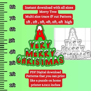 6ft life size Merry Christmas tree sign diy pattern template ,Printable trace and Cut silhouette build diy woodworking yard art pdf Stencil