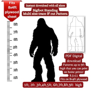 May include: A black silhouette of Bigfoot, with a multi-size trace and cut pattern. The image includes text indicating it fits on an 244 x 122cm plywood sheet and can be printed up to 274cm high. Also includes a PDF digital download.
