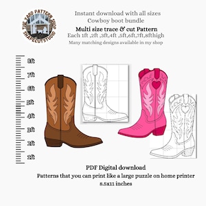 May include: An illustration of a cowboy boot bundle with a brown, pink, and two white boots. The boots are shown in different styles and sizes, with a ruler on the left side. Text includes "Cowboy boot bundle" and "Multi size trace & cut Pattern".