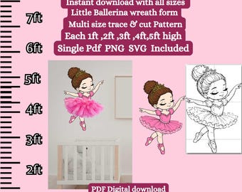 Plantilla PDF de silueta recortable de bailarina infantil a tamaño real, plantilla imprimible para calcar, plantilla digital para pared, colgador de puerta de ballet.