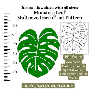 Silueta de hoja de monstera, patrón de plantilla para imprimir, trazar y cortar, exhibición de arte de jardín, plantilla de carpintería de silueta, hawaiano, fiesta tiki