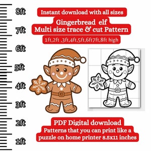May include: Gingerbread elf multi-size trace and cut pattern printable.  The pattern includes a gingerbread elf holding a snowflake.  The pattern is available in sizes from 1 to 8 feet high.  The image shows a gingerbread elf in color and a black and white outline of the elf.  The text on the image reads: "Gingerbread elf Multi size trace & cut Pattern 1ft, 2ft, 3ft, 4ft, 5ft, 6ft 7ft, 8ft high PDF Digital download Patterns that you can print like a puzzle on home printer 8.5x11 inches"