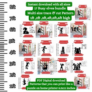 Pacote de Elfos Ocupados de 1 pé e 6 pés com padrões em tamanho real, modelo de estêncil em PDF para arte de quintal, marcenaria, recorte de papelão, placa de coroplast, estêncil digital