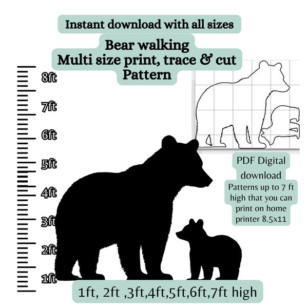 Life size 1ft to 7ft high Mama bear silhouette Printable trace and Cut Christmas Templates, Stencil PDF woodworking pattern, scrollsaw, cub