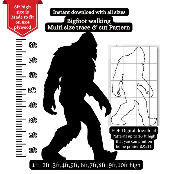 7ft 8ft 10ft Life size Bigfoot pattern scroll saw, Sasquatch Silhouette Stencil Template bundle , Printable Trace Cutout PDF, 8x4 ft plywood