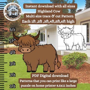 以下が含まれることがあります： 様々なサイズで利用可能なハイランドカウのデジタルパターン。画像には、角とふわふわのコートを持つ茶色の漫画の牛が描かれています。パターンはA4用紙に印刷するように設計されています。サイズは30cmから183cmです。