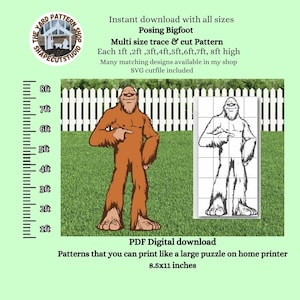 May include: Digital download of a Bigfoot pattern. The image shows a brown Bigfoot illustration pointing with its right hand, next to a black and white outline. The pattern is available in sizes from 30cm to 244cm high. Text includes "Posing Bigfoot" and "SVG cutfile included."