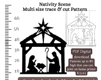 1 ft bis 8 ft Krippe Display, Weihnachten Silhouette Vorlage, Yard Art Pdf, druckbare Holzbearbeitungsmuster, diy VBS Schablone, Veranda Zeichen