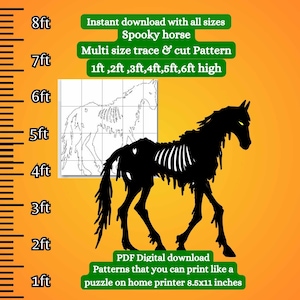 May include: Printable spooky horse silhouette pattern in black on a yellow background. The pattern is available in multiple sizes, from 1 to 6 feet tall. The image includes a ruler for reference. The text reads "Instant download with all sizes Spooky horse Multi size trace & cut Pattern 1ft, 2ft, 3ft, 4ft, 5ft, 6ft high PDF Digital download Patterns that you can print like a puzzle on home printer 8.5x11 inches"