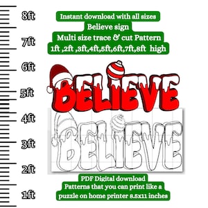 Op de afbeelding: Een digitale download van een printbaar patroon voor een "Geloof"-bord. Het patroon is verkrijgbaar in verschillende maten, van 1 tot 8 voet hoog. Het bord heeft een rood en wit kerstthema met een kerstmanmuts en kerstballen.