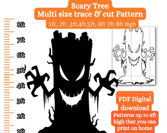 May include: A black silhouette of a scary tree with a wide grin and outstretched arms. The tree is 8 feet tall and comes in multiple sizes. The image includes a ruler with measurements in feet. The text "Scary Tree Multi size trace & cut Pattern" is at the top of the image. The text "1ft, 2ft, 3ft, 4ft, 5ft, 6ft 7ft 8ft high" is below the title. The text "PDF Digital download Patterns up to 8ft high that you can print on home printer 8.5x11 inches" is in the bottom right corner of the image.