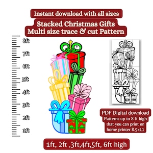Conjunto de cajas de regalo apiladas caprichosas, rastro de impresión y plantilla digital cortada, patrón pdf, regalos de carpintería de silueta navideña de arte de jardín