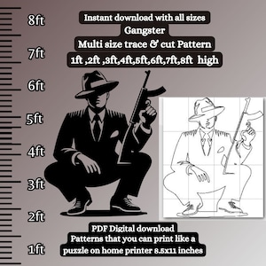 Patrón de jefe de la mafia gánster de tamaño real, plantilla PDF, corte de calco imprimible, silueta navideña, plantilla digital, utilería de teatro, locos años 20