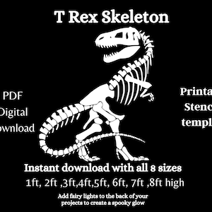 Estêncil de padrão PDF T Rex Skeleton em tamanho real, traço de impressão e estêncil digital cortado, ossos de dinossauro, modelo de arqueologia, festa de escavação de dinossauro