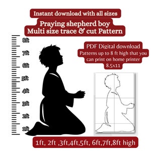 May include: Printable pattern of a praying shepherd boy silhouette in black. The pattern is available in multiple sizes, from 1 to 8 feet tall. The image shows a ruler with measurements in feet and a gridded pattern of the boy in a smaller size.