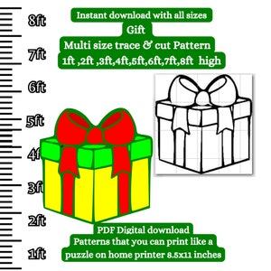 Może przedstawiać: Cyfrowy plik do pobrania z wzorem pudełka prezentowego do wydrukowania w różnych rozmiarach od 1 do 8 stóp wysokości. Wzór jest przedstawiony jako kolorowa ilustracja żółtego pudełka prezentowego z zieloną pokrywką i czerwoną kokardką. Pokazano również czarno-biały zarys wzoru.