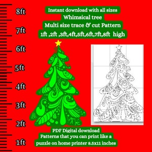 Plantilla de árbol de Navidad caprichoso de 6 pies 7 pies 8 pies, rastro de impresión y patrón de plantilla de corte, plantilla de carpintería de silueta de arte de patio, pueblo de Santas