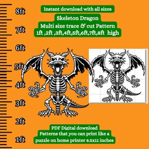 May include: A black and white digital download pattern of a skeleton dragon with wings outstretched. The pattern is available in multiple sizes, from 1 to 8 feet, and can be printed on a home printer.