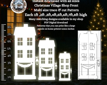 Victorian Village shop front cutout silhouette Printable trace and Cut stencil transfer Template, yard PDF woodworking pattern,5ft 6ft 7ft