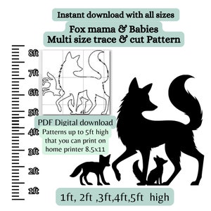 Plantilla de silueta de zorro, rastro de impresión y plantilla digital cortada, patrón pdf, naturaleza de arte de jardín, silueta de carpintería mamá bebé animales del bosque