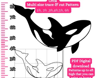 Plantilla de patrón de orca de tamaño natural, ballena asesina, plantilla de silueta de pez, patrón de arte de jardín en PDF, patrón de carpintería imprimible, arte de jardín de bricolaje