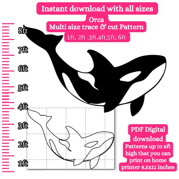 Life size orca pattern , killer whale, Fish  silhouette template, yard art pdf pattern , printable woodworking pattern, diy yard art  4ft 5f