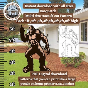 Naturalnej wielkości 6 stóp 8 stóp Bigfoot odwracający ptaka wystawa sztuki ogrodowej szablon wzór, drukowany szablon pdf, obróbka drewna, wycinanka, cyfrowy szablon