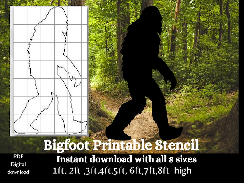May include: Printable stencil of a Bigfoot silhouette, with a grid overlay for easy tracing. The stencil is available in eight sizes, from 1 foot to 8 feet tall.
