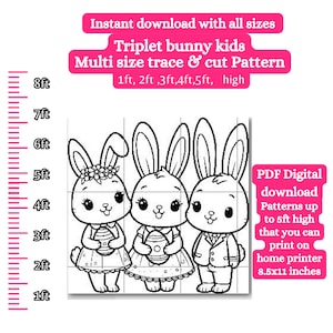 May include: Black and white line art printable pattern of three bunnies holding Easter eggs. The pattern is available in multiple sizes up to 5 feet tall and can be printed on a standard 8.5x11 inch home printer.