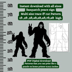 May include: A digital download pattern for a Sasquatch peace sign. The pattern is available in multiple sizes, from 1 to 8 feet tall. The image shows a black silhouette of the Sasquatch with a peace sign, along with a grid pattern for tracing and cutting.