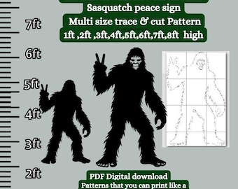 1ft - 8ft Life size Bigfoot peace sign pattern scroll saw, Sasquatch Silhouette Stencil Template bundle , Printable Trace Cut out PDF