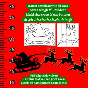 Modelo PDF de padrão de trenó de Papai Noel em tamanho real, traçado e corte para impressão, modelo de silhueta de Natal, estêncil, quintal de Natal