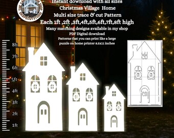 Christmas village home cutout silhouette Printable trace and Cut stencil transfer Template, yard art PDF woodworking pattern, 5ft 6ft 7ft
