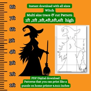 May include: A black silhouette of a witch holding a broom with a gridded pattern of the same witch for tracing and cutting. The image includes the text "Instant download with all sizes Witch Multi size trace & cut Pattern 1ft,2ft,3ft,4ft,5ft,6ft high PDF Digital download Patterns that you can print like a puzzle on home printer 8.5x11 inches".