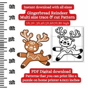 May include: A digital download pattern for a gingerbread reindeer. The pattern is available in multiple sizes, from 1 foot to 8 feet tall. The image shows a colored reindeer and a black and white outline of the reindeer.