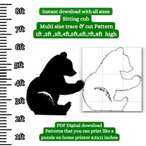 Op de afbeelding: Printbaar PDF-patroon van een zittend berenjong in zwarte silhouet en omtrek. Het patroon is verkrijgbaar in verschillende maten van 1 tot 8 voet hoog. De tekst "Direct downloaden met alle maten" en "Zittend berenjong" wordt in het groen weergegeven. De tekst "Multi-size traceer- en snijpatroon 1 voet, 2 voet, 3 voet, 4 voet, 5 voet, 6 voet, 7 voet, 8 voet hoog" wordt in het groen weergegeven. De tekst "PDF-digitaal downloaden Patronen die je kunt afdrukken als een puzzel op een thuisschrijver 8,5x11 inch" wordt in het groen weergegeven.