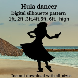 Plantilla de silueta de bailarina de hula, patrón en PDF de fiesta tiki, paquete de fiesta Luau Tiki, SVG de fiesta en la playa, tema hawaiano, descarga digital instantánea
