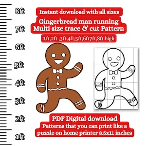 等身大のジンジャーブレッドマンが走っている、パターン PDF テンプレート、印刷可能なトレースとカット、クリスマス シルエット テンプレート、ステンシル、クリスマス ヤード