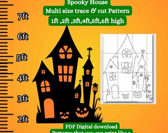 May include: Printable spooky house pattern in black and white. The pattern is available in multiple sizes, from 1 foot to 6 feet tall. The image shows a ruler with measurements in feet, a silhouette of a spooky house, and a line drawing of the house.