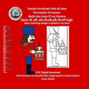 May include: A digital download featuring a Nutcracker Drummer design. The image shows a color illustration and a black and white outline. The design is available in multiple sizes, from 1ft to 8ft high.