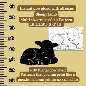 Puede incluir: Un patrón de descarga digital en blanco y negro de un cordero durmiendo. El patrón está disponible en varios tamaños, de 1 a 5 pies, y se puede imprimir en una impresora doméstica. La imagen incluye una regla para mostrar los diferentes tamaños.
