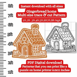 Può includere: Modello di casa di pan di zenzero stampabile in più dimensioni, da 1 a 8 piedi di altezza. Il modello include una casa di pan di zenzero colorata e un contorno in bianco e nero. Il testo "Gingerbread home Multi size trace & cut Pattern" è incluso nell'immagine.