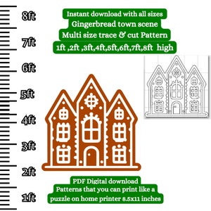 May include: Printable gingerbread house pattern in multiple sizes, from 1 to 8 feet tall. The pattern is designed to be printed on an 8.5x11 inch home printer and assembled like a puzzle.