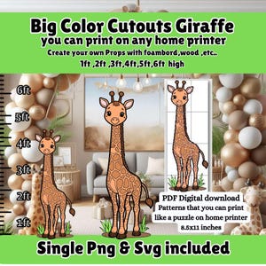 Plantilla de patrón digital para decoración de jirafa con recortes de colores grandes, imprimible, para trazar y cortar, patrón de carpintería, fiesta de safari