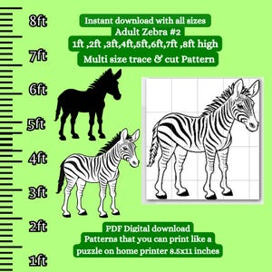 Peut inclure: Patron imprimable d'un zèbre en noir et blanc, avec une silhouette de zèbre en noir. Le motif est disponible en plusieurs tailles, de 30 cm à 240 cm de haut. Le texte sur l'image indique "Téléchargement instantané avec toutes les tailles Zèbre adulte n° 2 30 cm, 60 cm, 90 cm, 120 cm, 150 cm, 180 cm, 210 cm, 240 cm de haut Motif de tracé et de découpe multi-tailles Téléchargement numérique PDF Modèles que vous pouvez imprimer comme un puzzle sur une imprimante domestique 8,5x11 pouces".