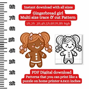May include: Gingerbread girl trace and cut pattern in multiple sizes. The pattern includes a colored illustration of a gingerbread girl and a black and white outline of the same gingerbread girl. The pattern is available in sizes from 1 foot to 8 feet high. The text "Instant download with all sizes" and "Gingerbread girl Multi size trace & cut Pattern" is displayed in red. The text "1ft, 2ft, 3ft, 4ft, 5ft, 6ft 7ft, 8ft high" is displayed in black. The text "PDF Digital download Patterns that you can print like a puzzle on home printer 8.5x11 inches" is displayed in red.