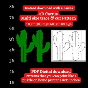 Plantilla PDF de cactus 3D de 1 pie, 3 pies, 4 pies, 5 pies, 6 pies y 8 pies, plantilla para trazar y cortar, letrero de cactus del desierto, plantillas, plantilla recortable de cartón