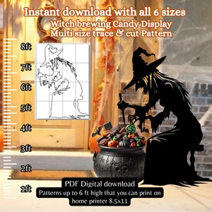 Puede incluir: Un patrón PDF imprimible para una bruja haciendo una exhibición de dulces. El patrón está disponible en seis tamaños, de 30 cm a 2,4 metros de alto. El patrón se puede imprimir en una impresora doméstica estándar de 21,6 x 27,9 cm.